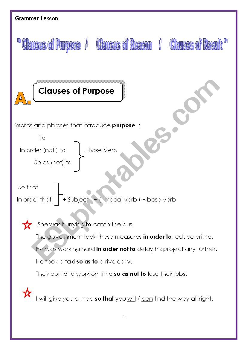 Clauses of Purpose - Result - reason 