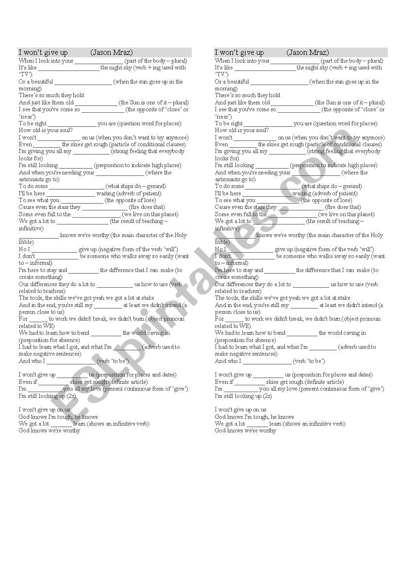 I wont give up worksheet