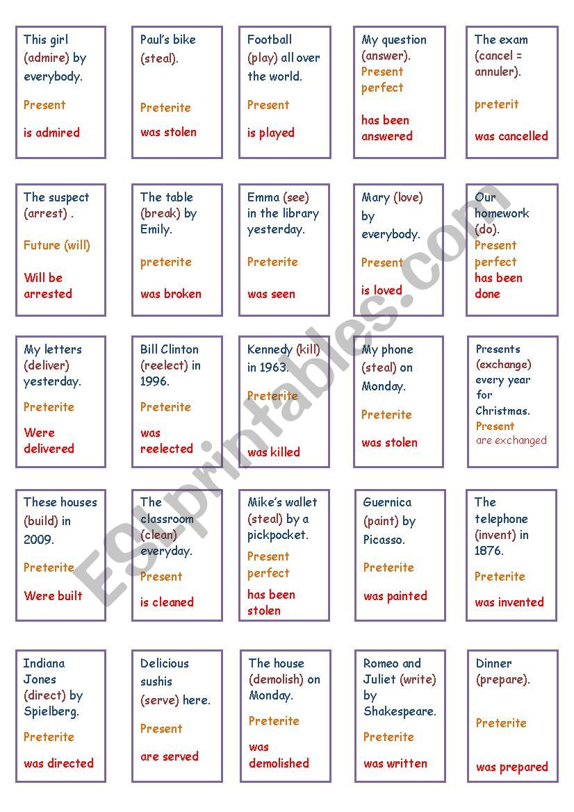 cards board game - passive worksheet