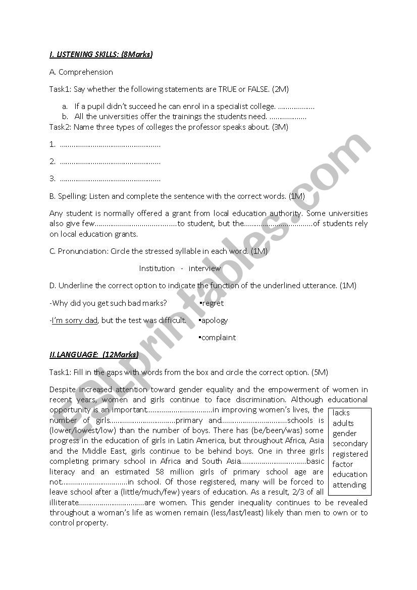 Mid Term Test N 2 For 2nd Year Esl Worksheet By Meriem12