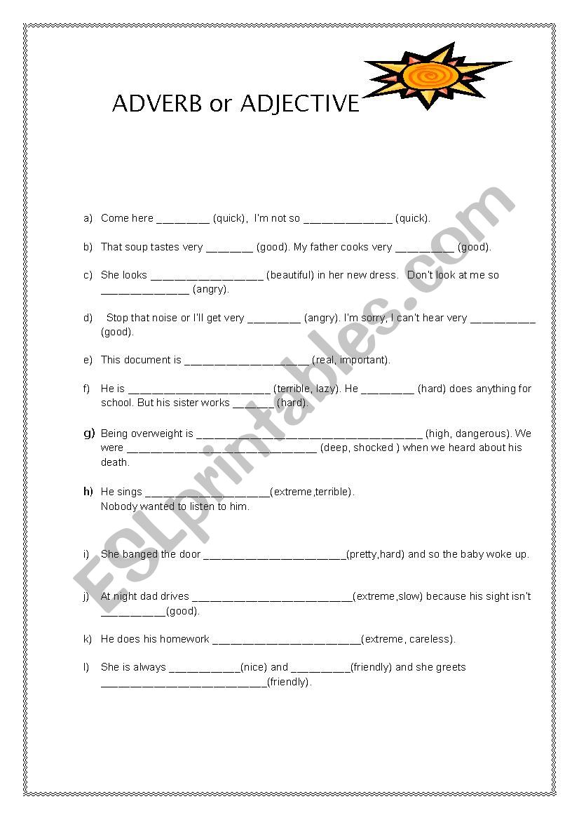 Adverb or Adjective worksheet