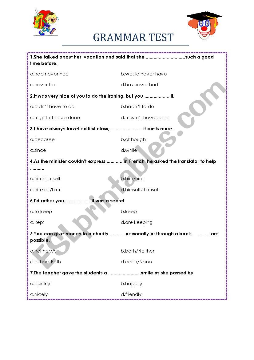 Grammar test worksheet