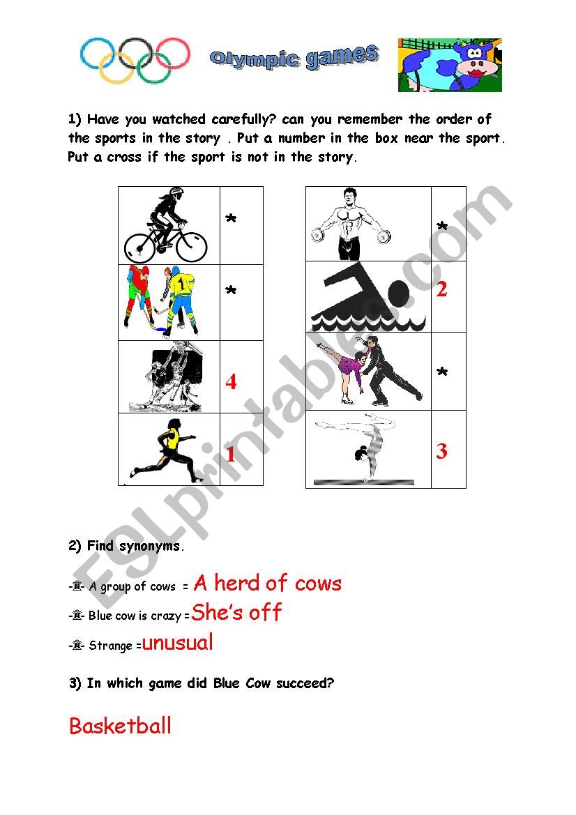 Olympic games:Blue cow goes to the olympic games /Correction worksheet