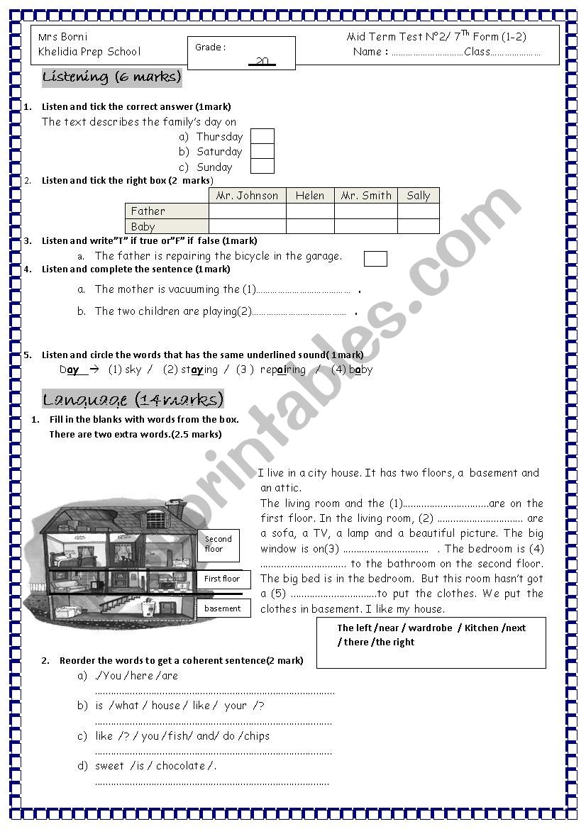 Mid Term Test 7th formers worksheet