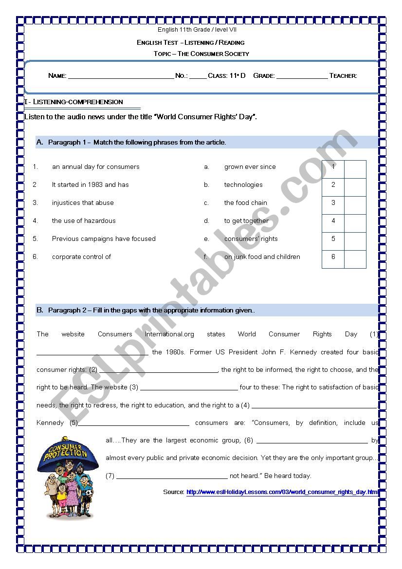 Test The Consumer Society worksheet