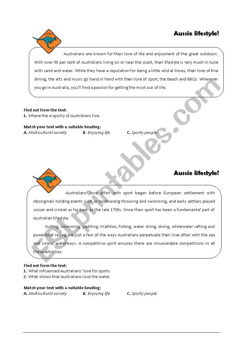 Australia - Aussie lifestyle worksheet