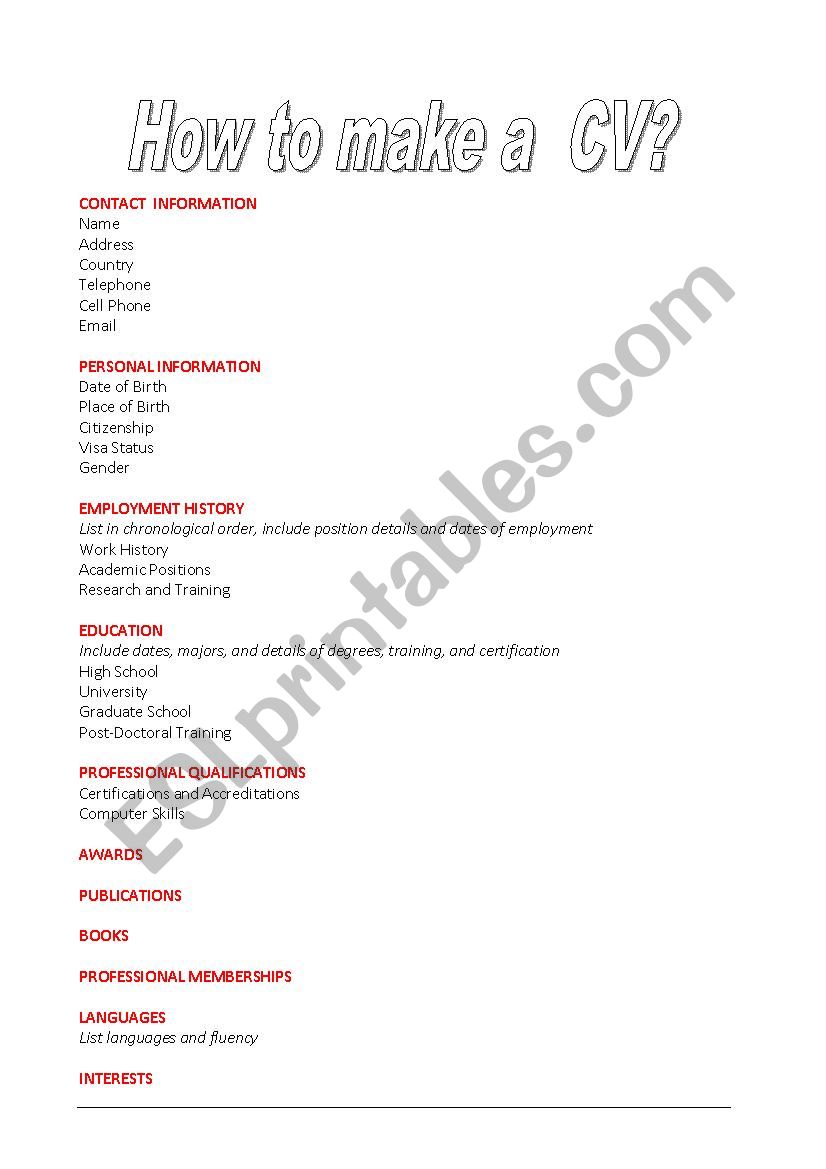 How to make a CV worksheet