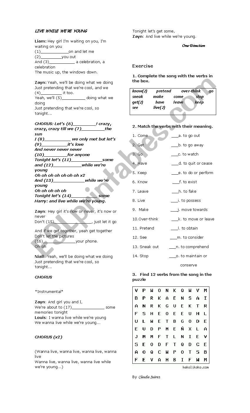 LIVE WHILE WERE YOUNG worksheet