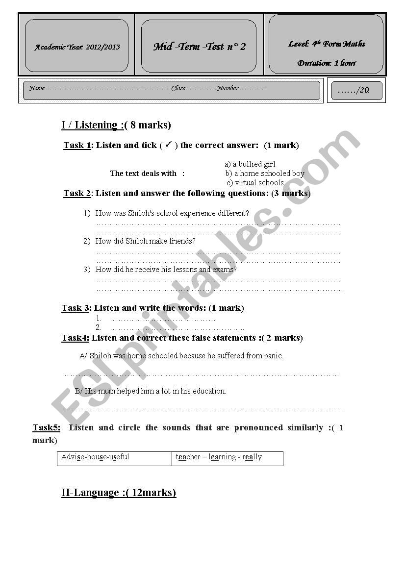 Mid term test 2 for 4 th Form pupils