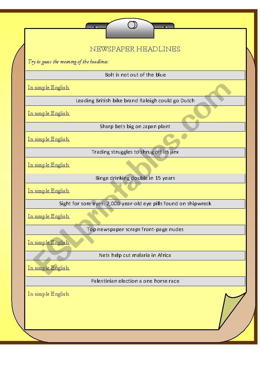 Newspaper Headlines worksheet