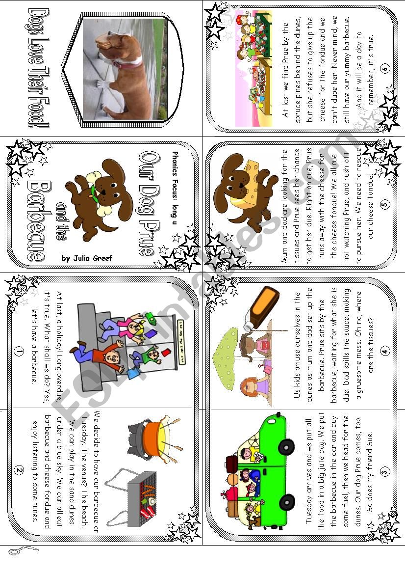 Phonice Mini Book 16. Long u sound in Â´ueÂ´ and Â´u_e:Â´ Our Dog Prue and the Barbecue