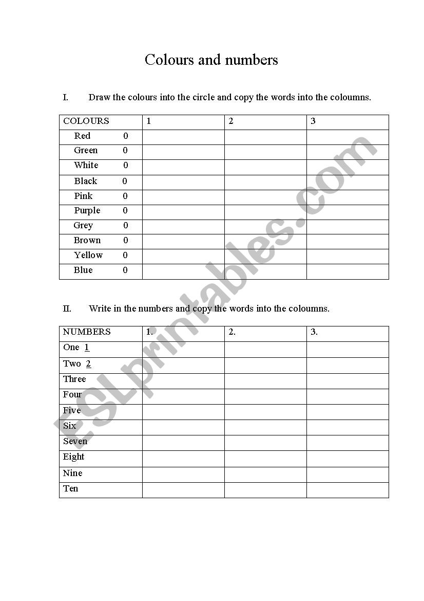 Colours and numbers till10 worksheet