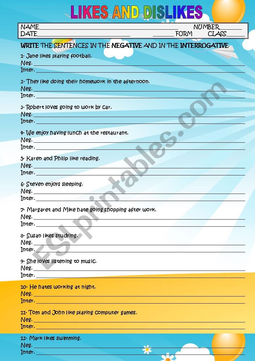 LIKES AND DISLIKES worksheet