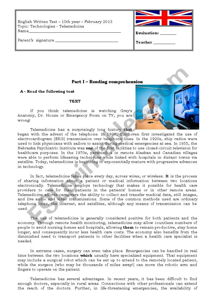 Technologies - TELEMEDICINE worksheet