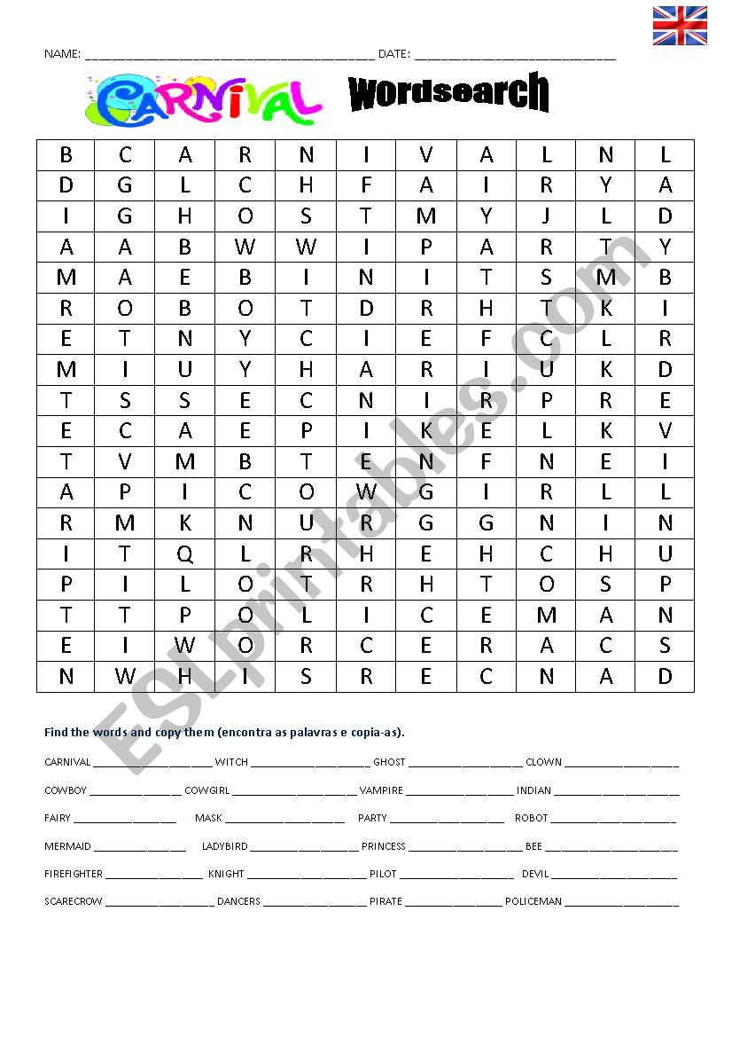 Carnival wordsearch worksheet