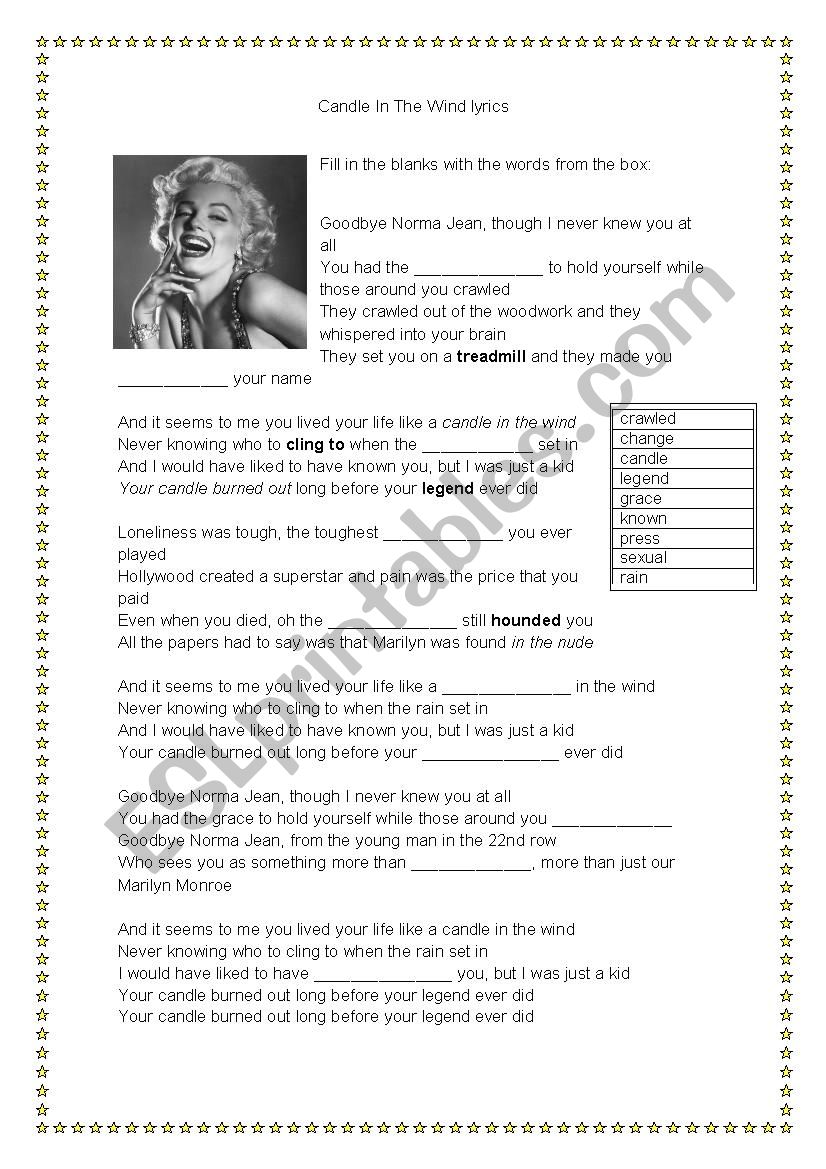 Candle in the Wind (Marilyn´s version) ESL worksheet by lualck