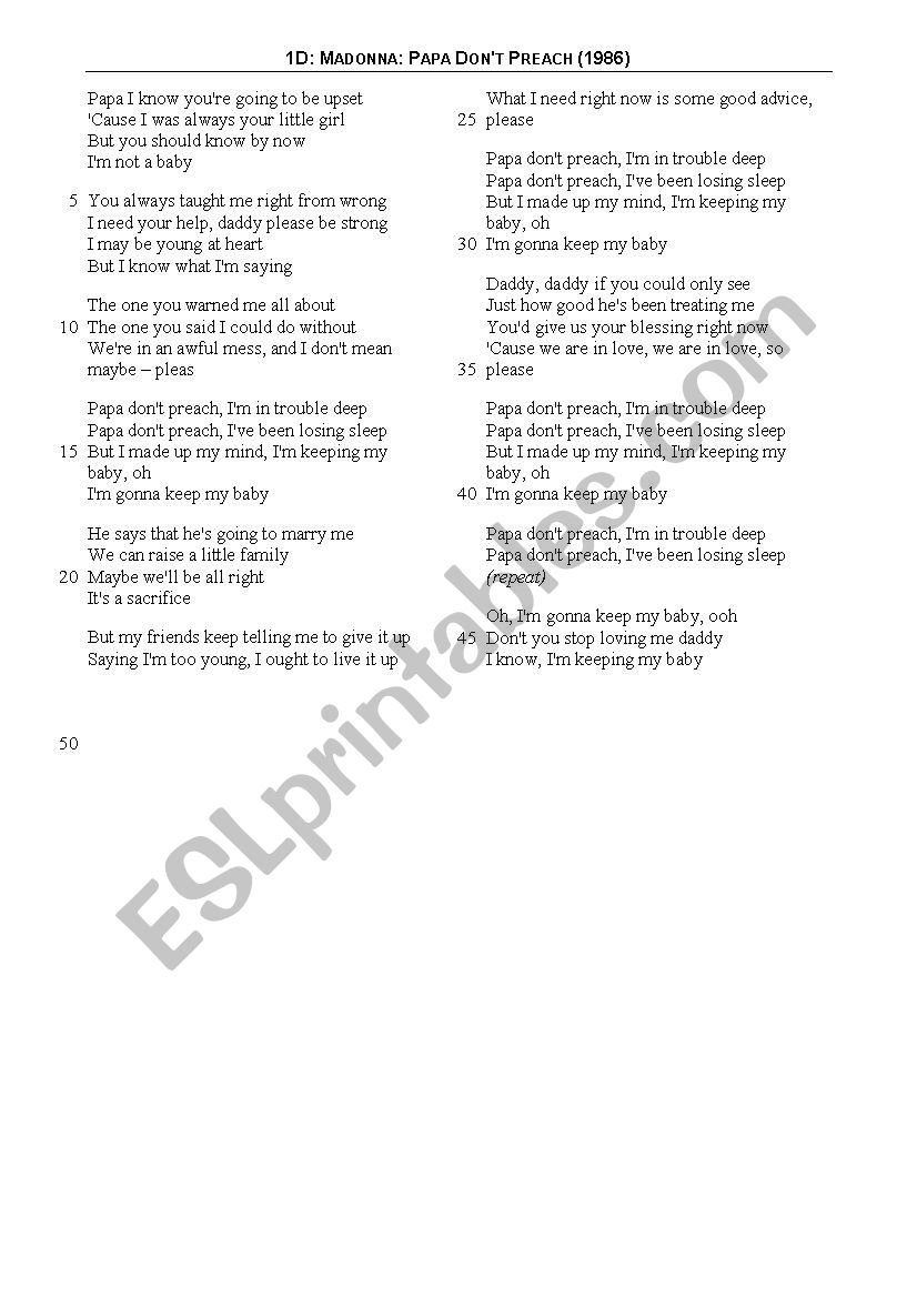 Madonna - Papa Dont Preach (Worksheet)