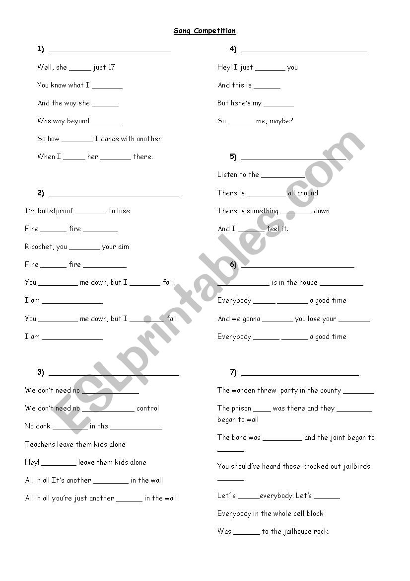 Song Competition worksheet