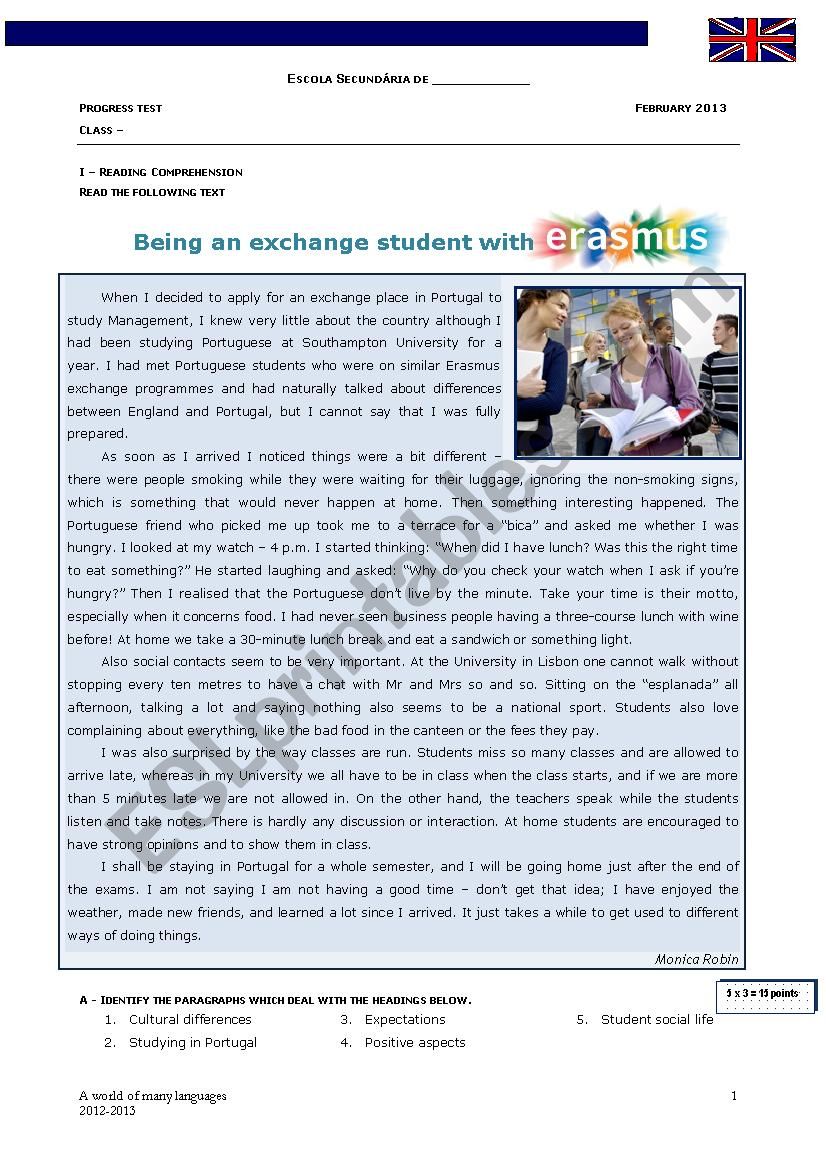 Erasmus Exchange worksheet