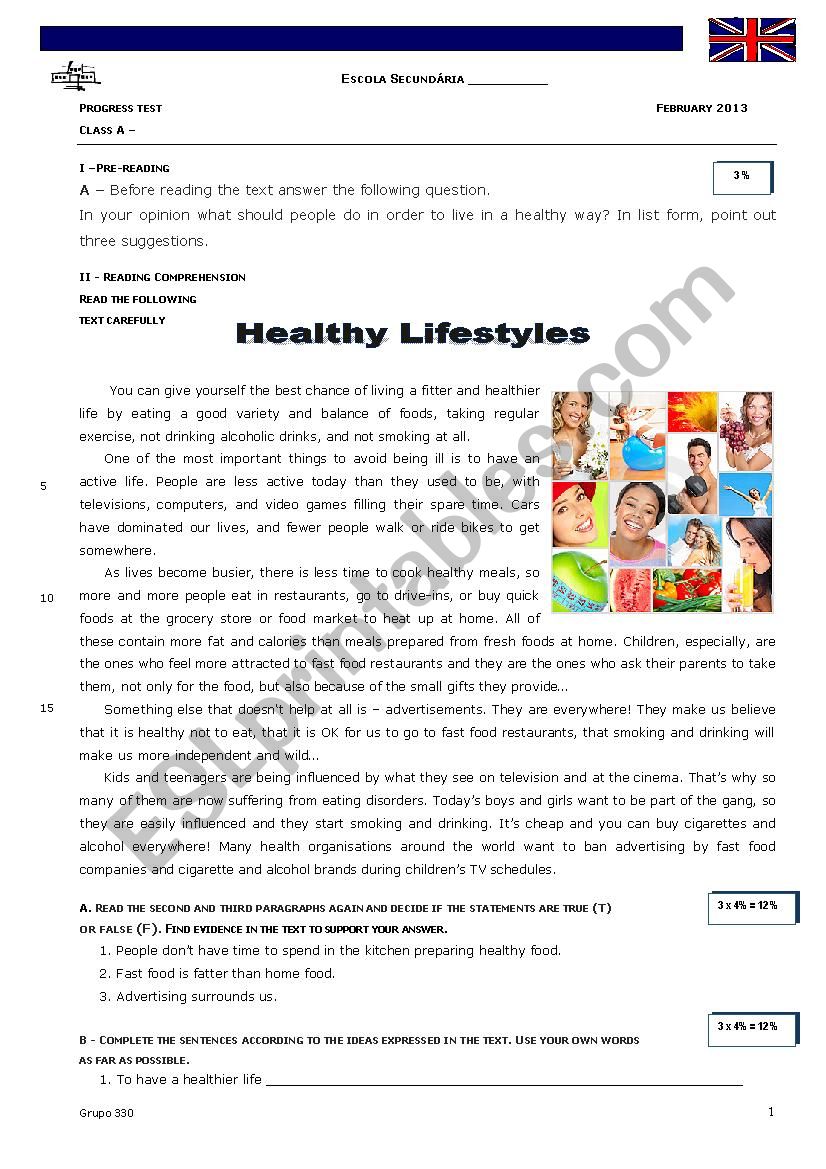 Healthy Lifestyles worksheet