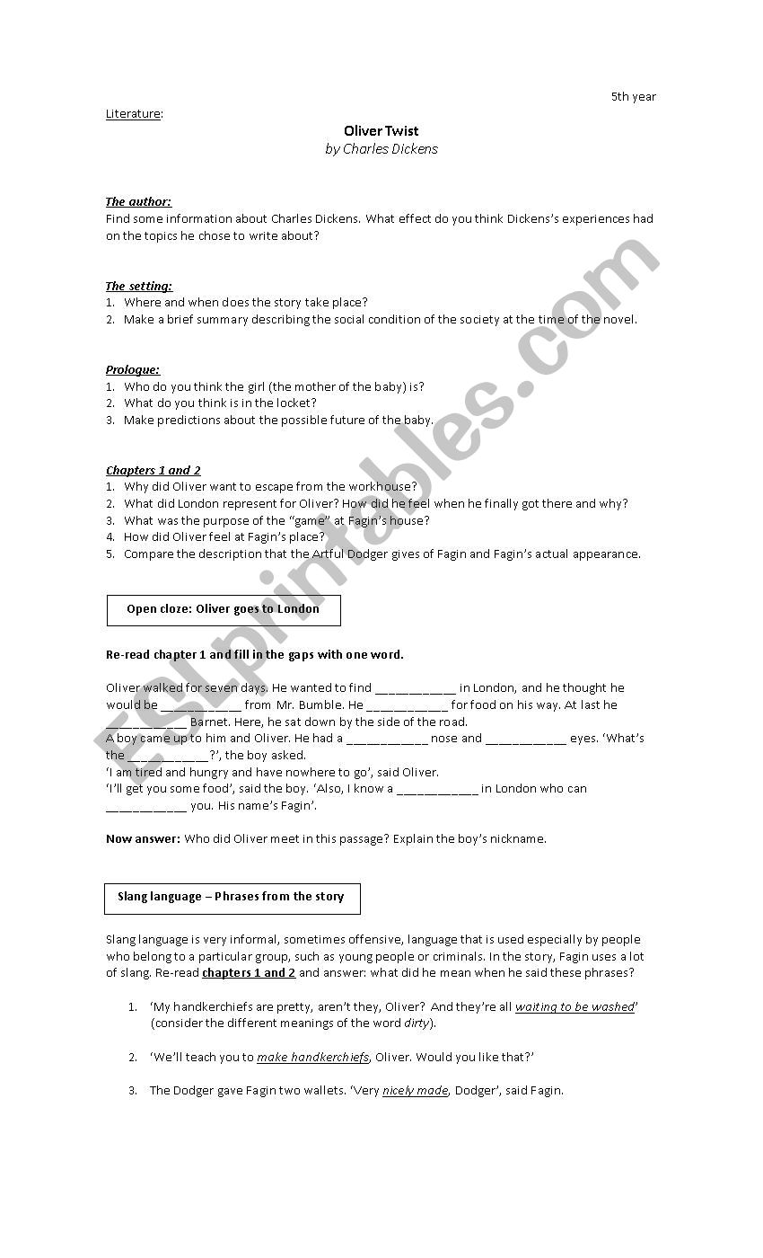 Oliver twist worksheet