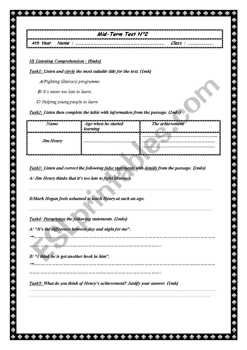 Mid-term test Bac worksheet