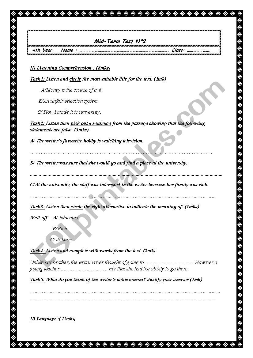 Mid-term test Bac worksheet