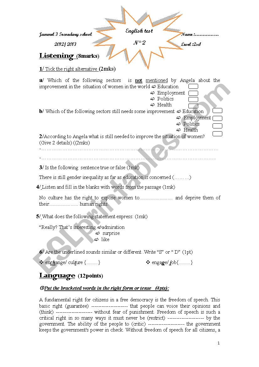 English test N2 worksheet