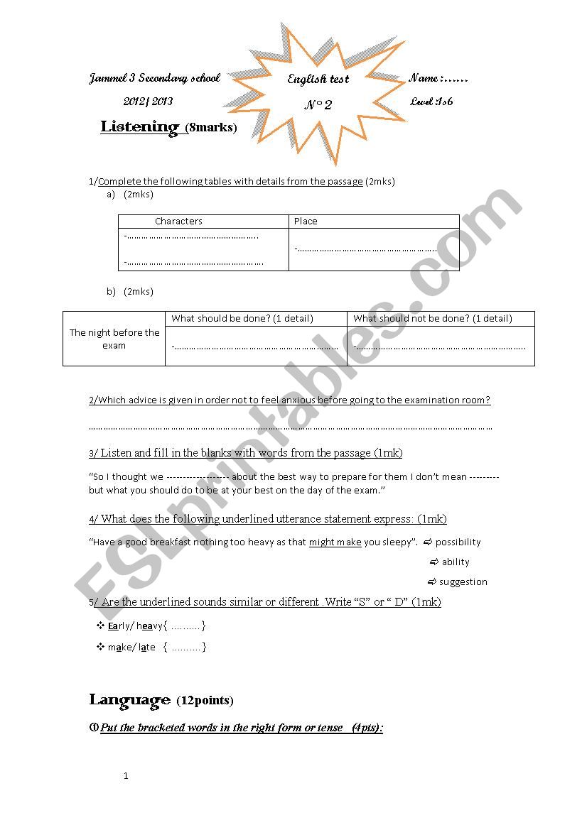 ENglish test N2 worksheet