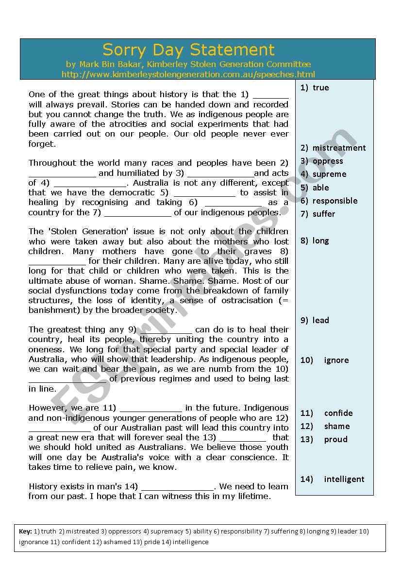 Sorry Day Statement - The Stolen Generation (Word formation) incl. key