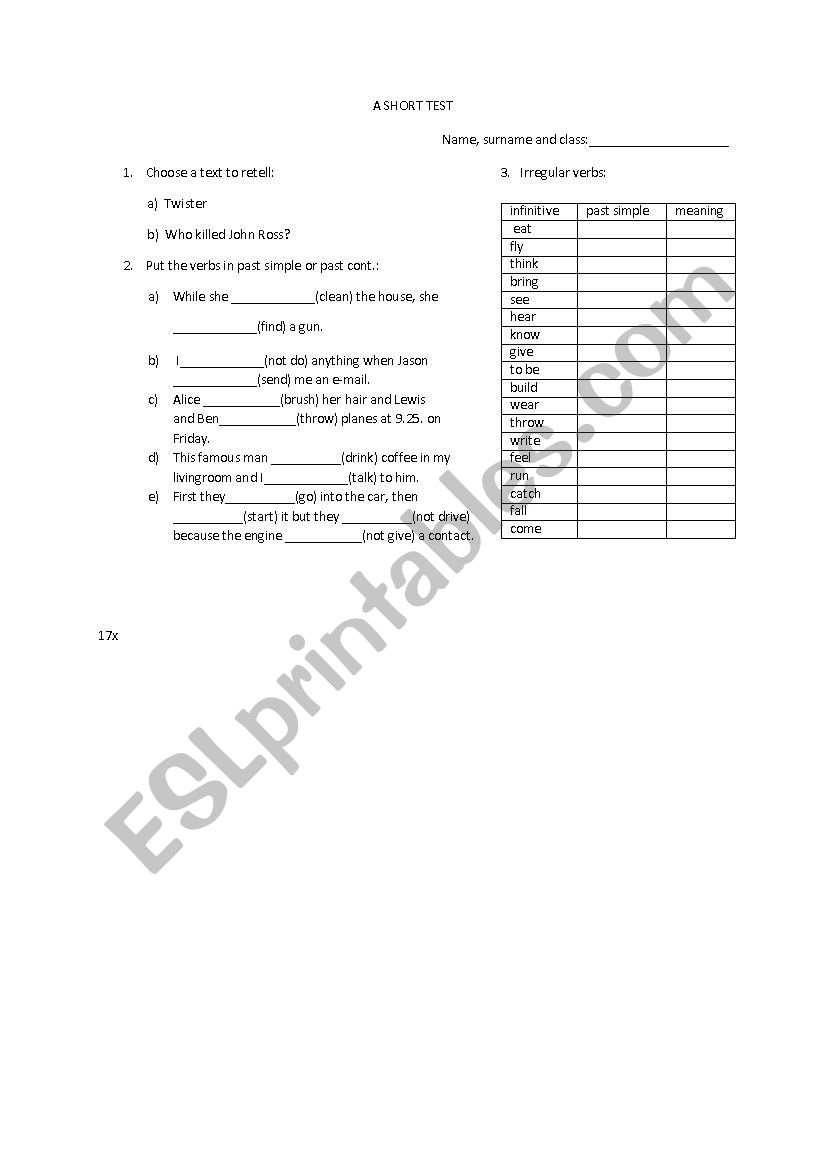 a short test for 10 worksheet