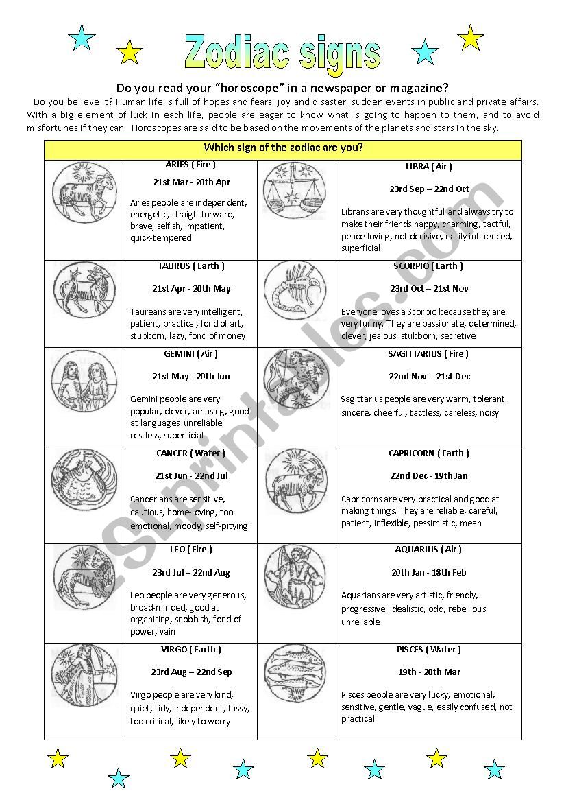 Zodiac Signs worksheet