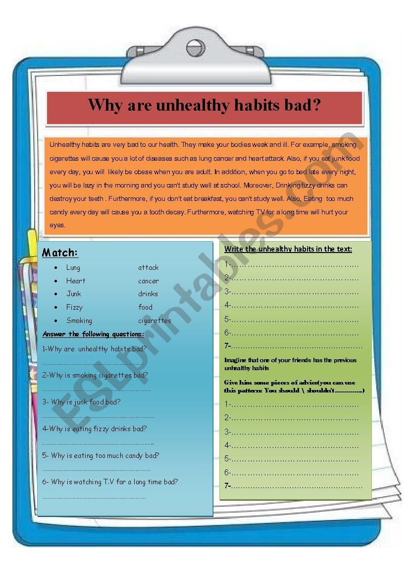 Why are unhealthy habits bad? worksheet