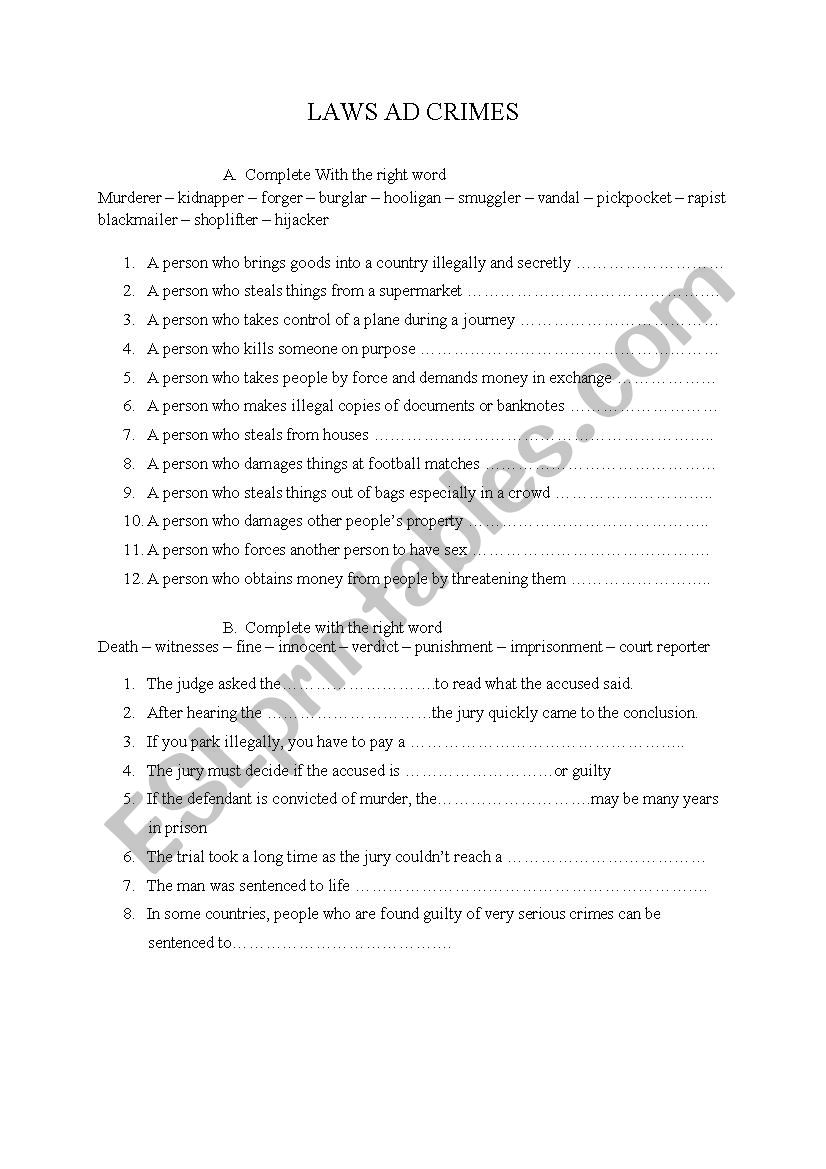 Laws and Crimes worksheet