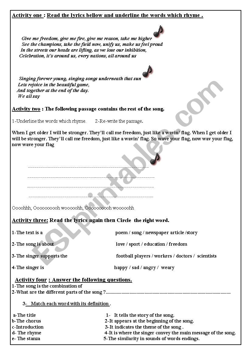 song worksheet