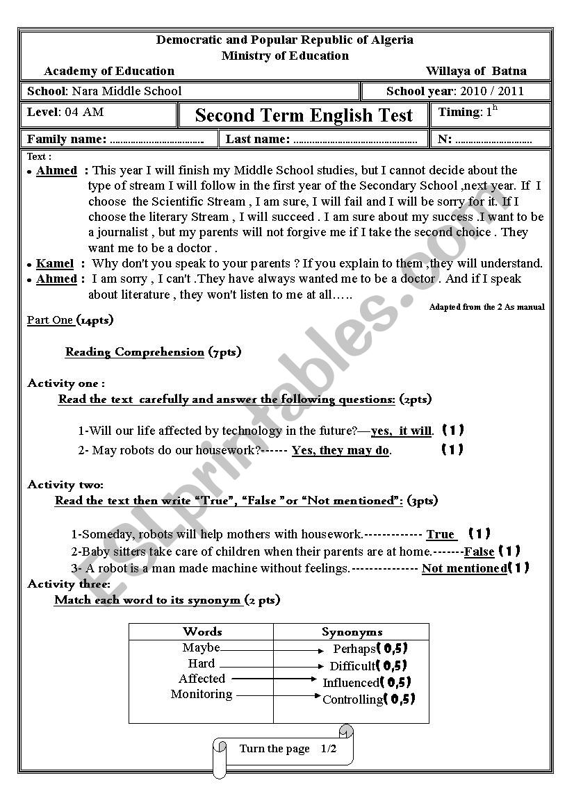 exam worksheet