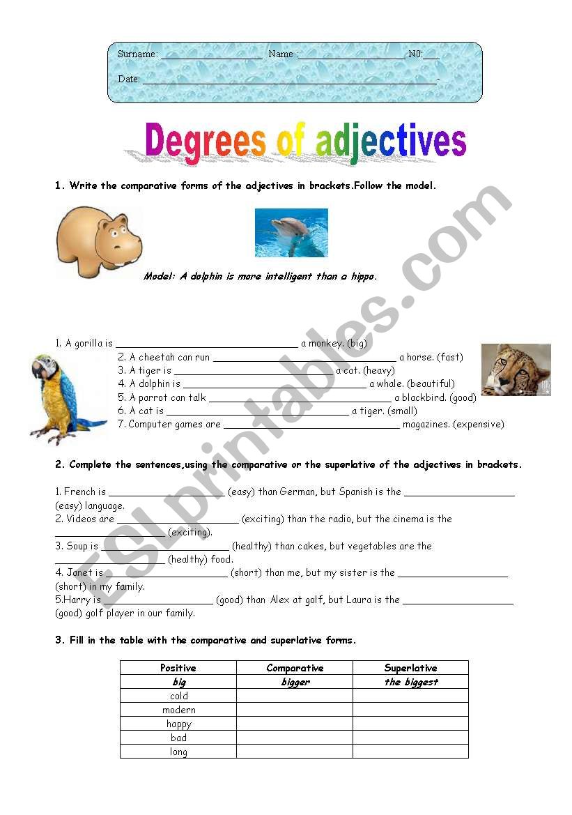 Degrees of adjectives worksheet
