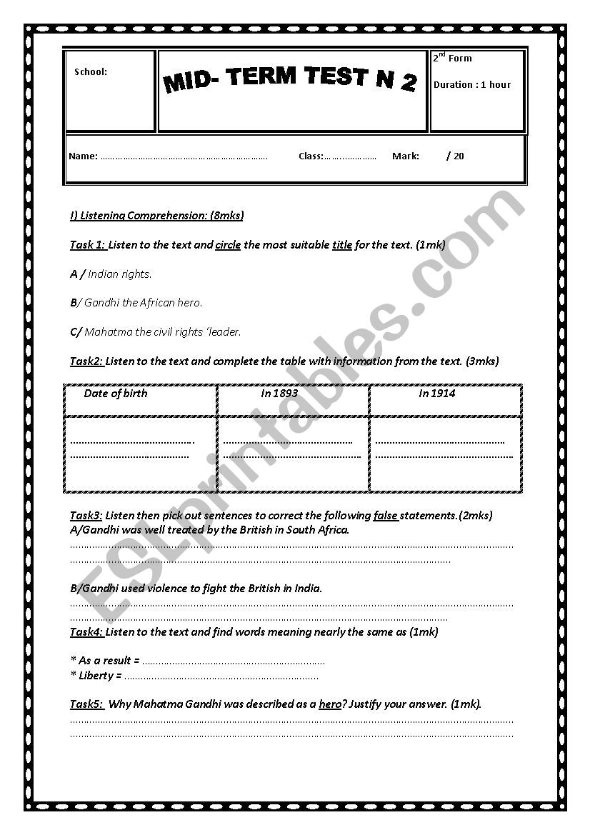 Ordinary Test N 2  2nd form worksheet