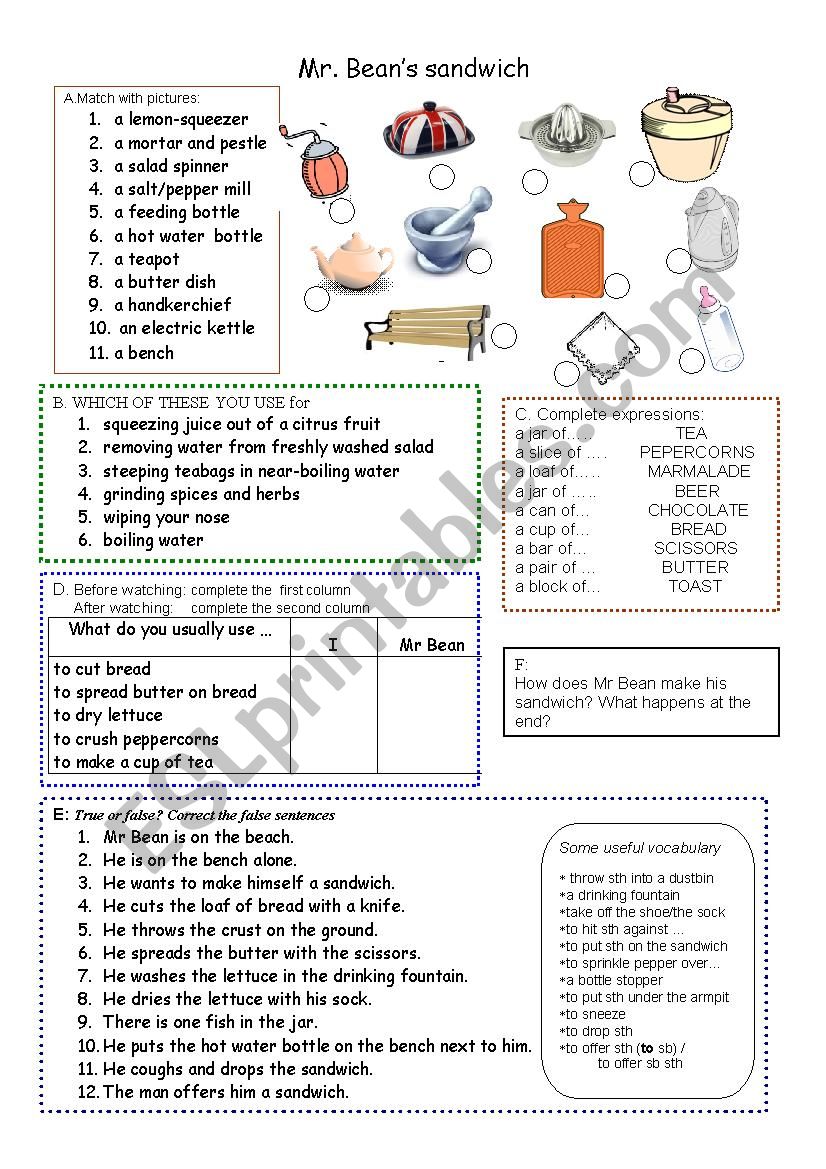 Mr Bean makes a  sandwich worksheet