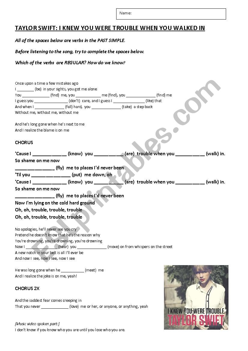 PAST SIMPLE_I KNEW YOU WERE TROUBLE…: English ESL worksheets pdf & doc