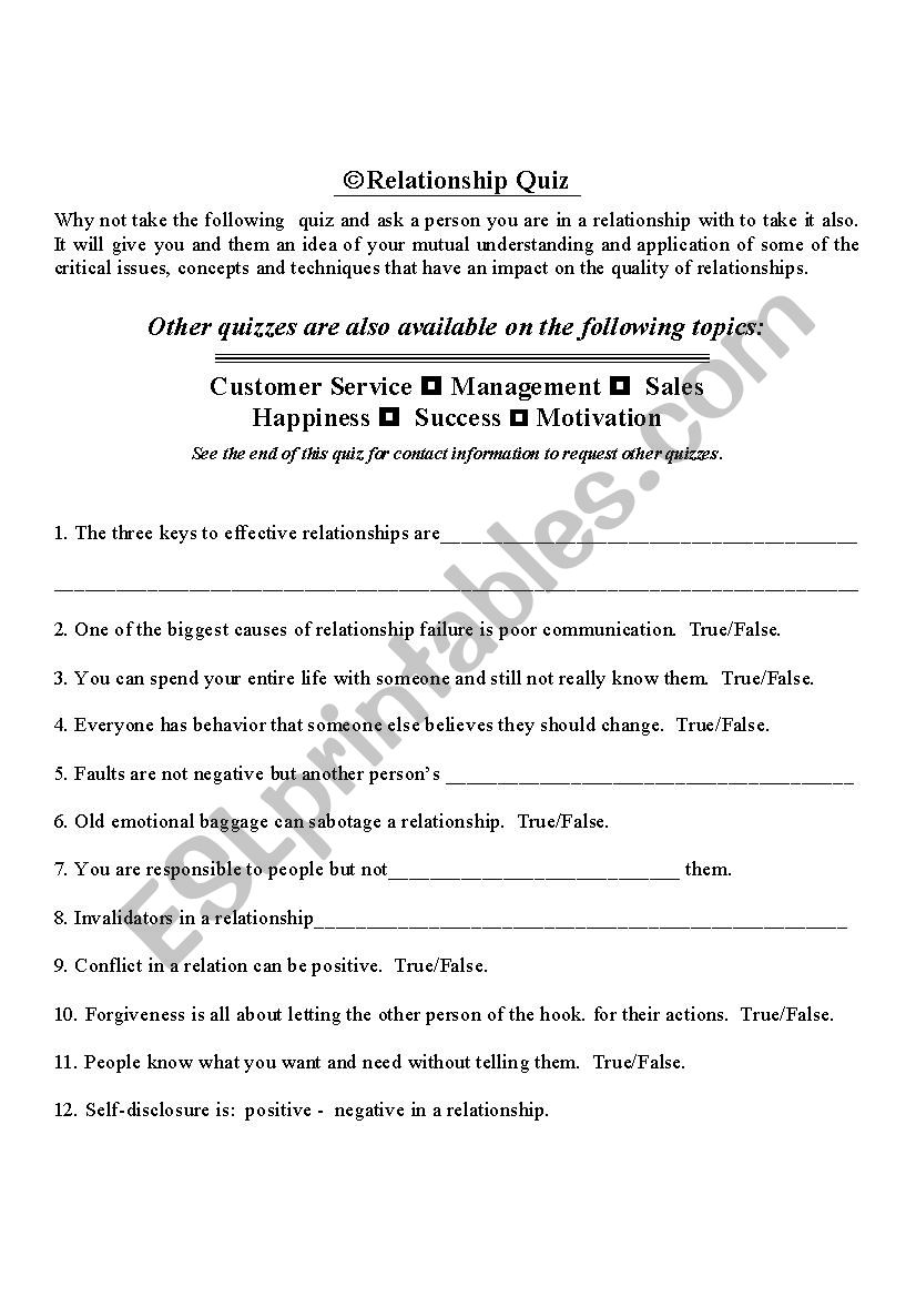 Relationship worksheet