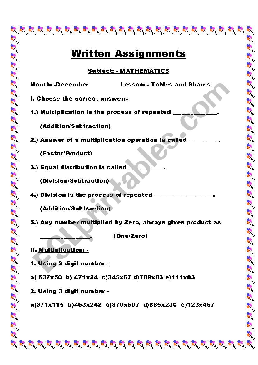 Tables & Shares worksheet
