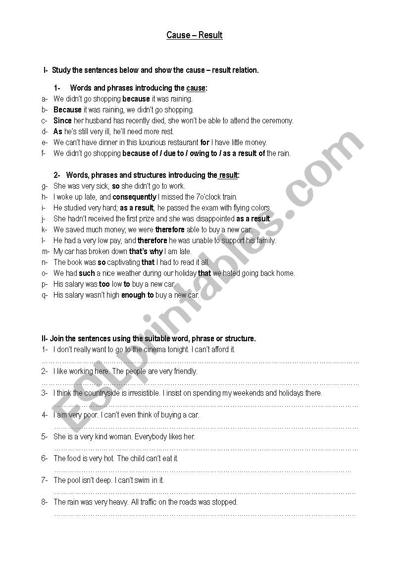 cause-result worksheet