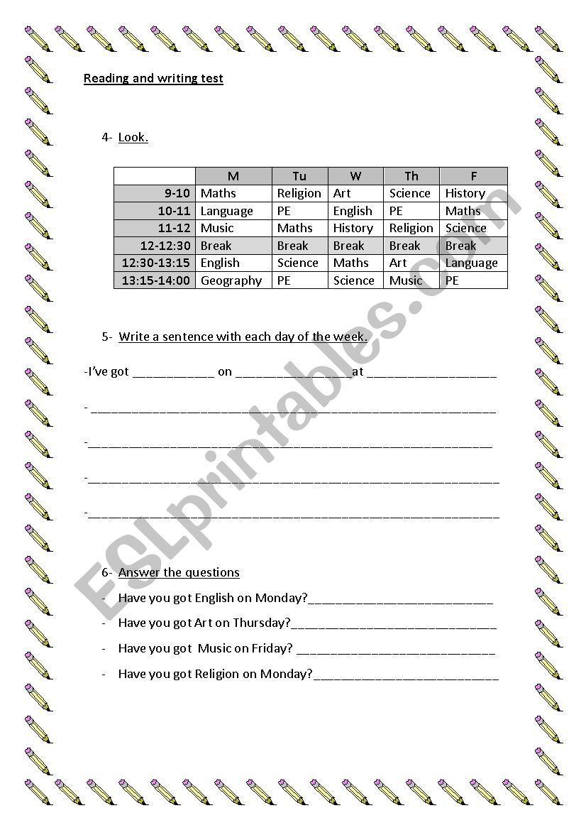Reading and writing test worksheet
