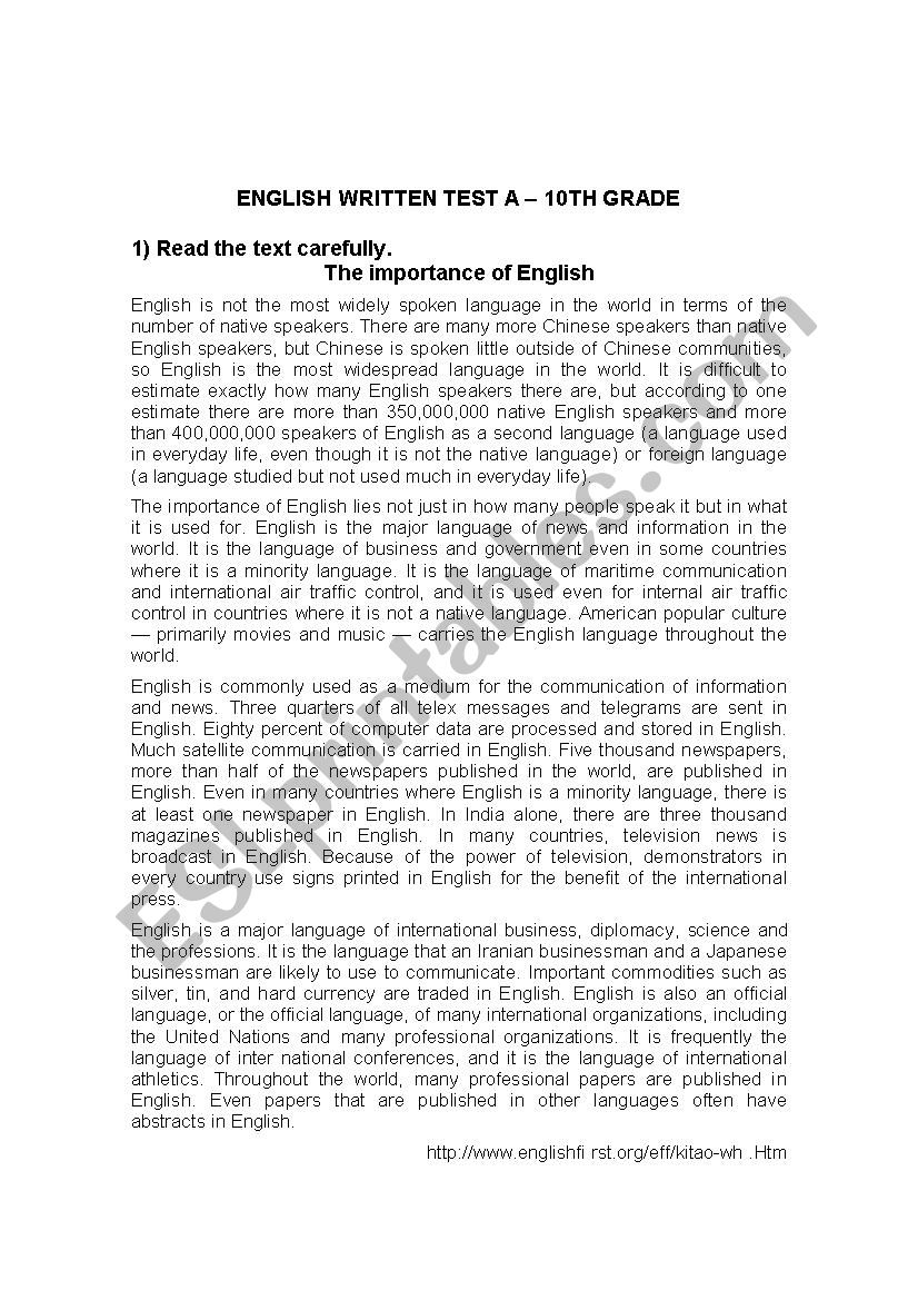 English Test - The importance of English