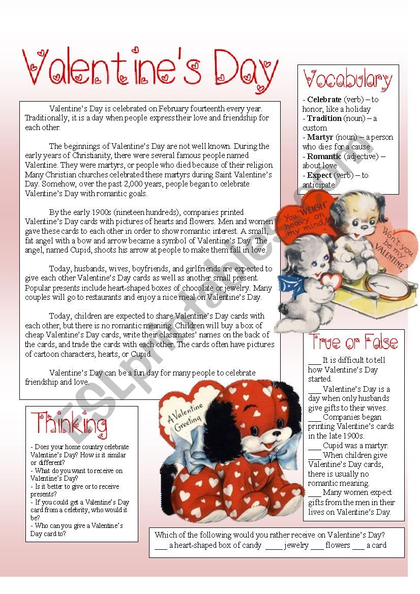 Saint Valentines Day Reading worksheet