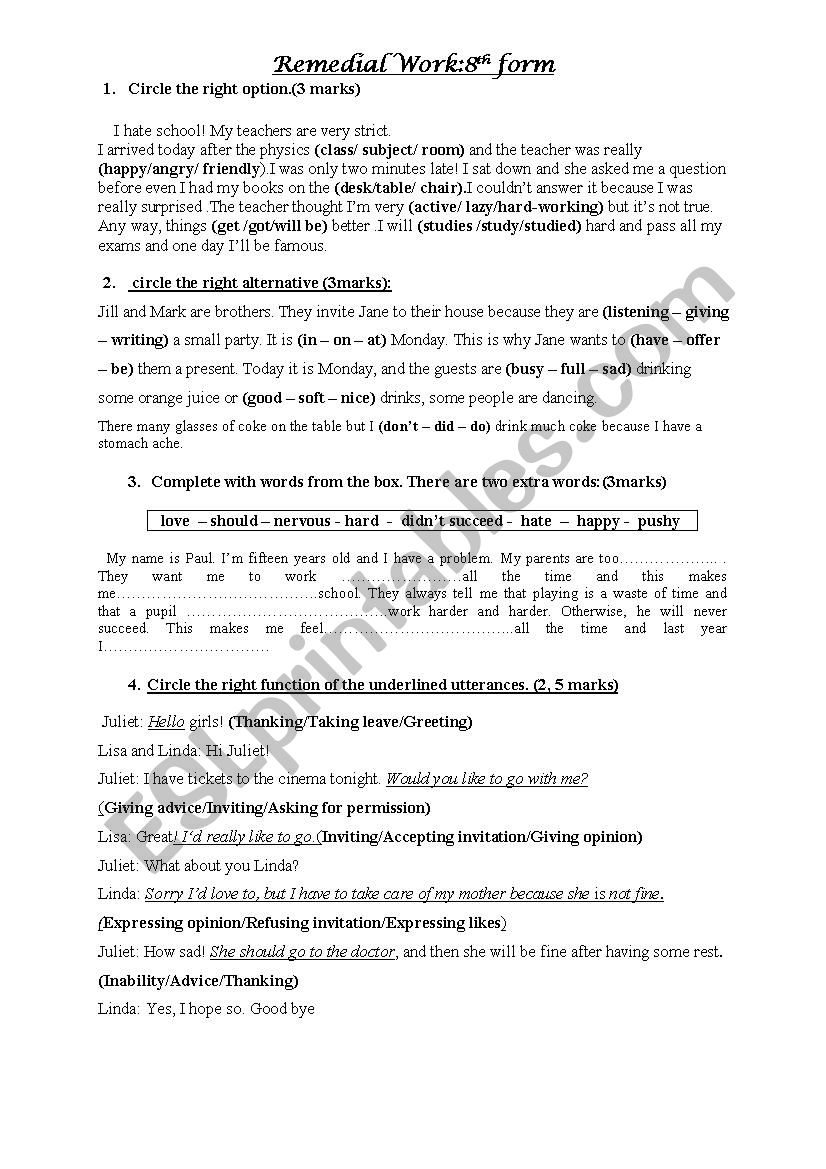 Remedial work 8th form worksheet