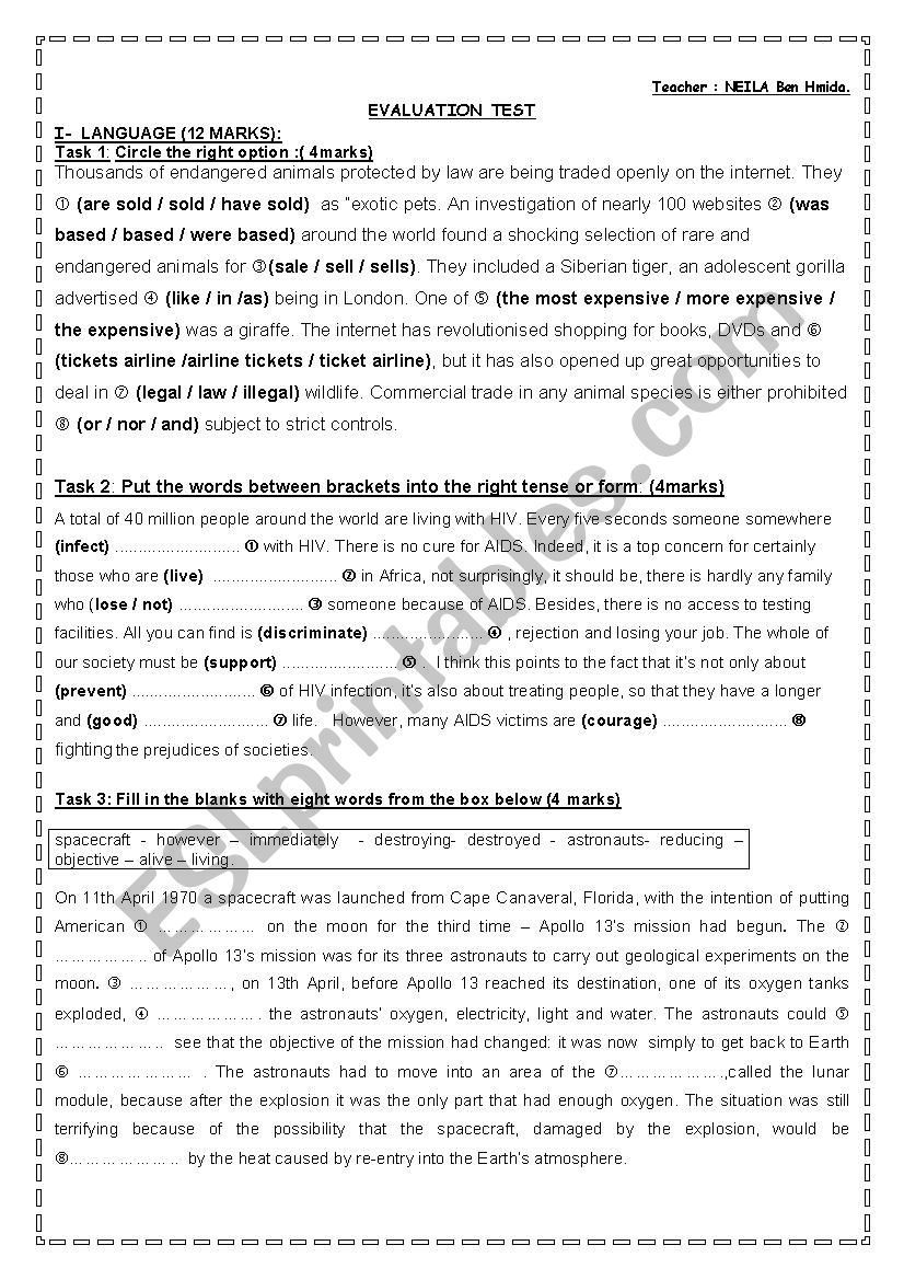 Evaluation test worksheet