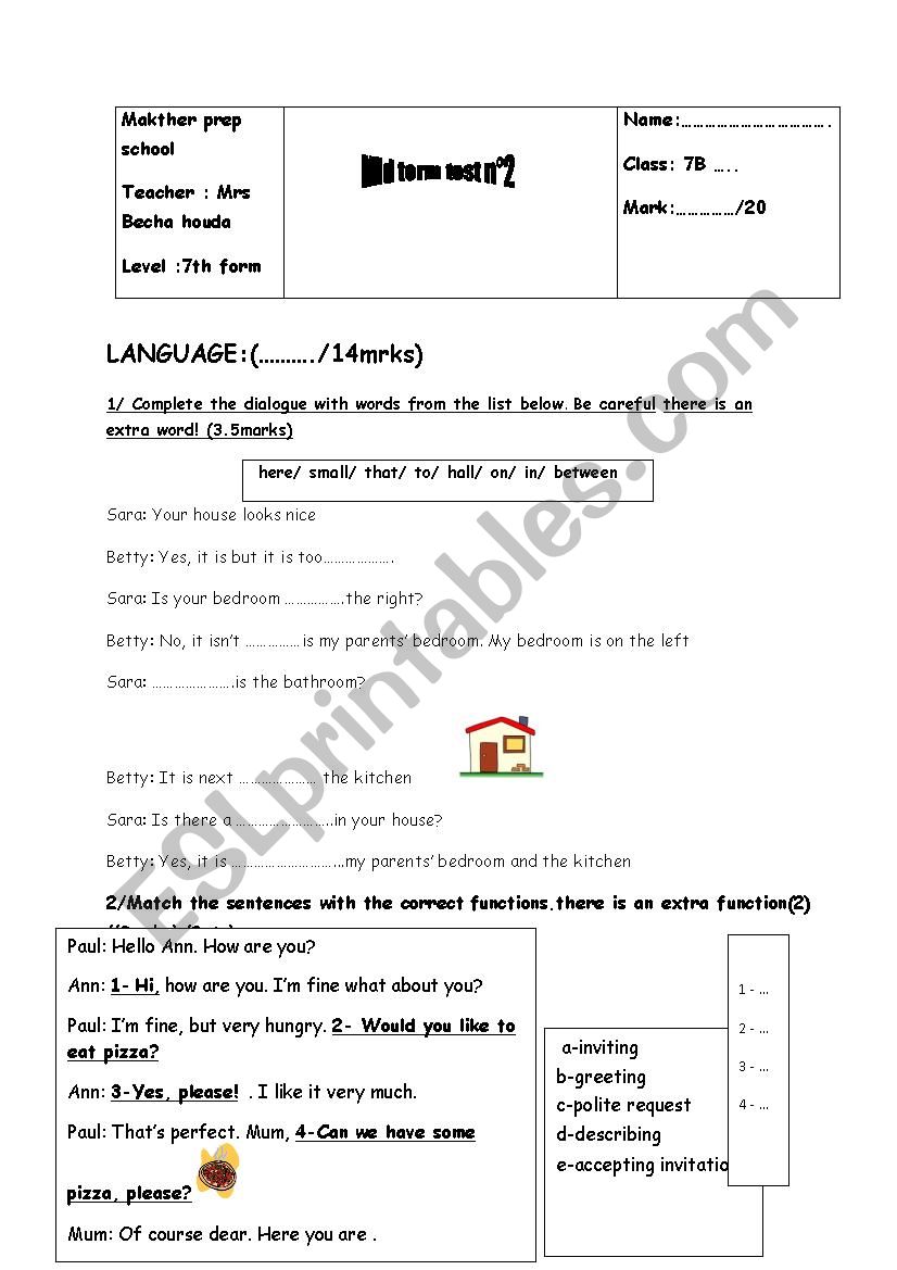 mid term test n2 for 7th form tunisians students