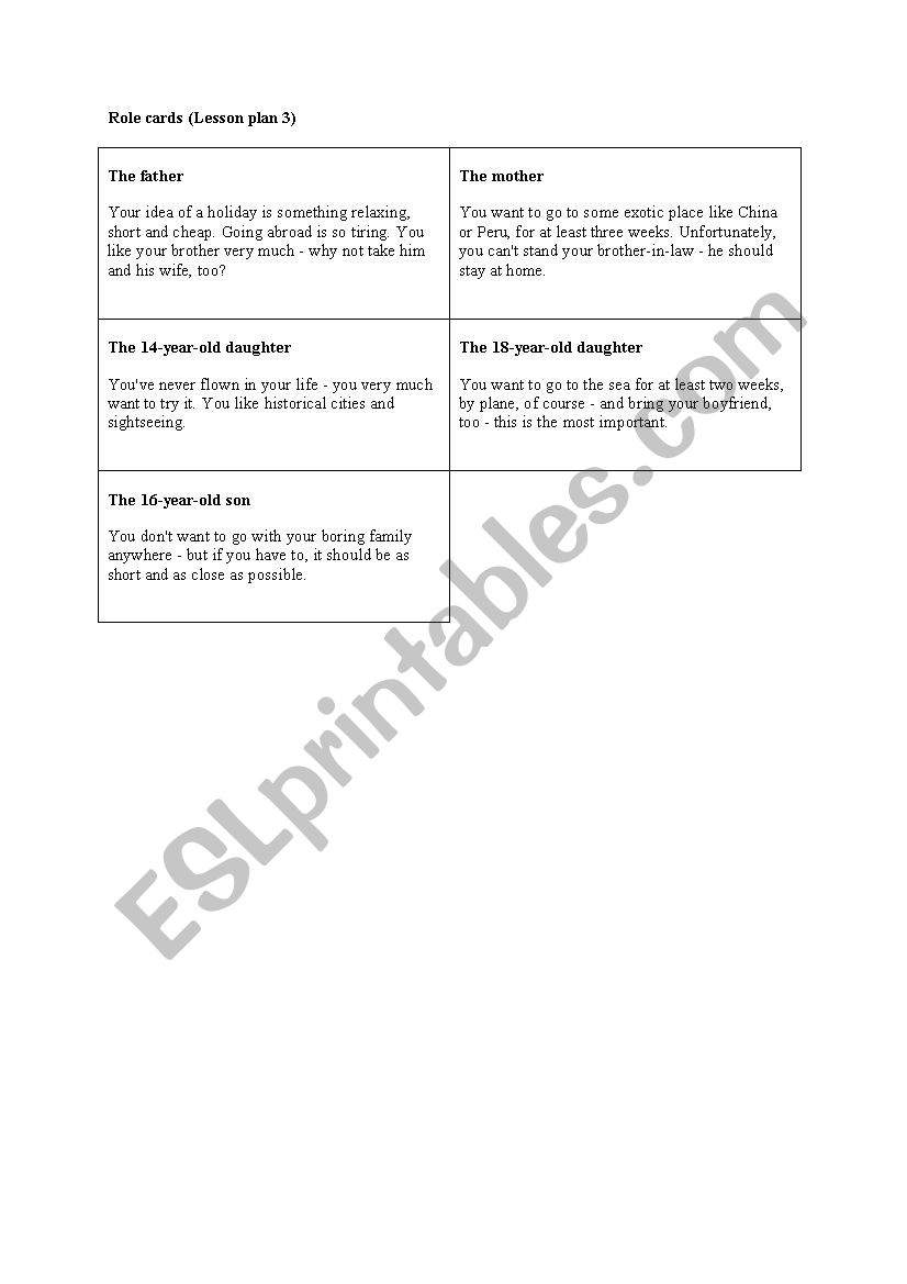 role cards worksheet
